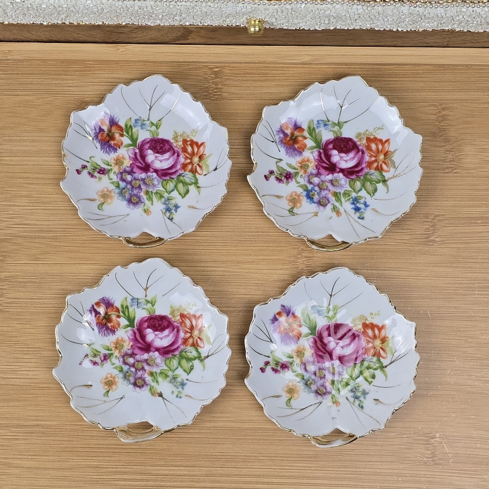 Vintage NASCO Leaf Shaped Trinket Dishes with Floral Design